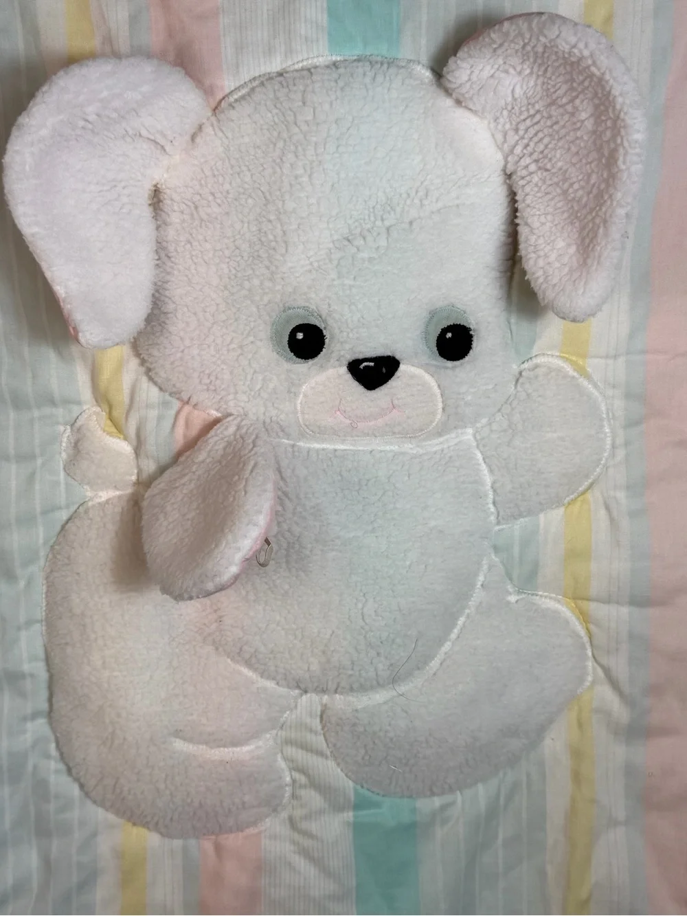 Vtg Lambs & Ivy Baby Blanket Quilt Pastel Stripes Plush Puppy Dog Ruffle Border